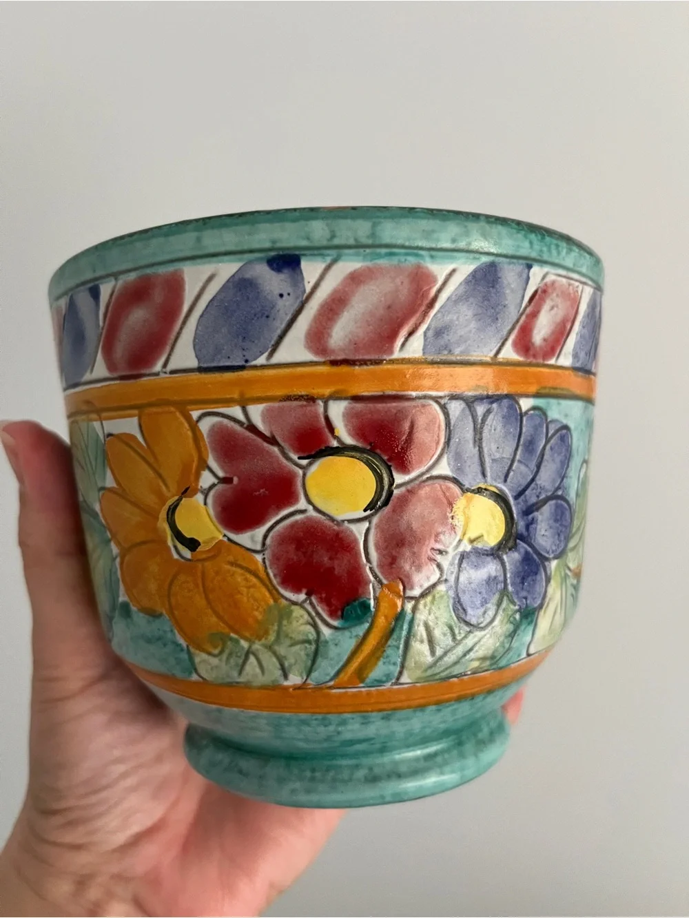 Lovely ITALY Floral Colorful Pot Bowl Green / Aqua Glaze